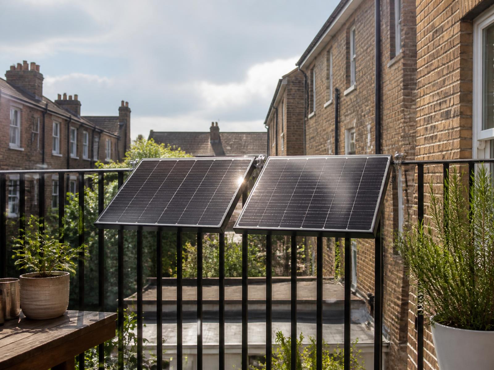 Two compact solar panels mounted on the railing of a British flat balcony on a bright day